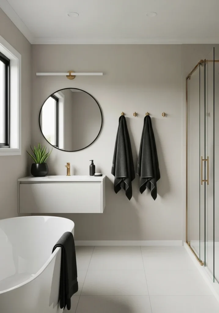 Black towels with gold hooks in bathroom