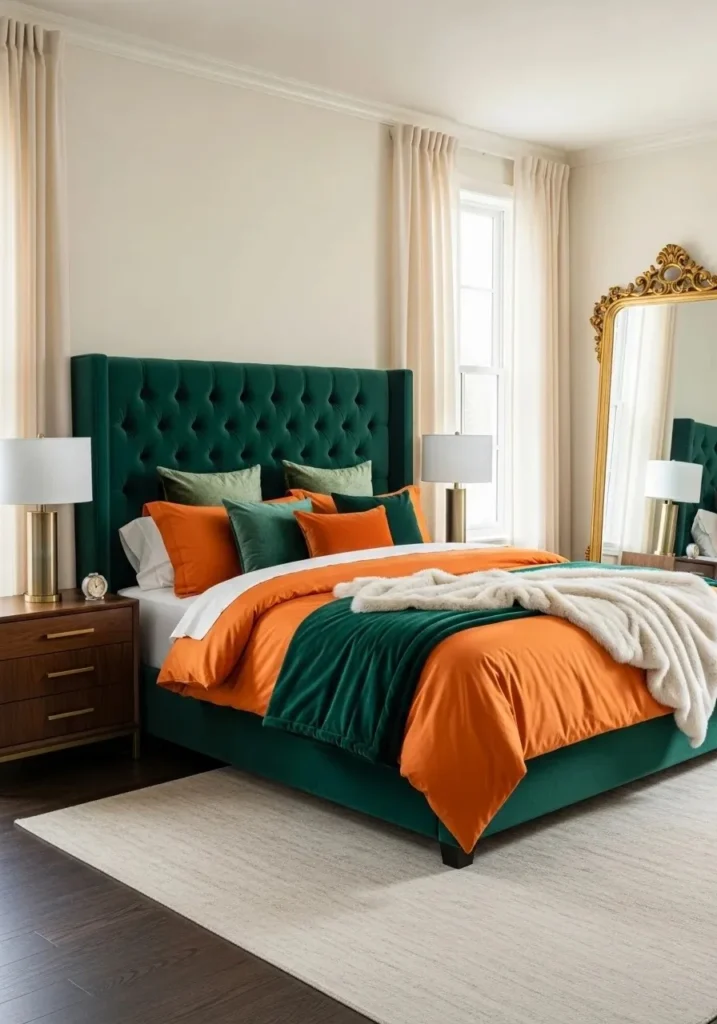 Emerald bed with tangerine bedding and layered pillows against neutral cream walls, creating a bold and inviting bedroom.