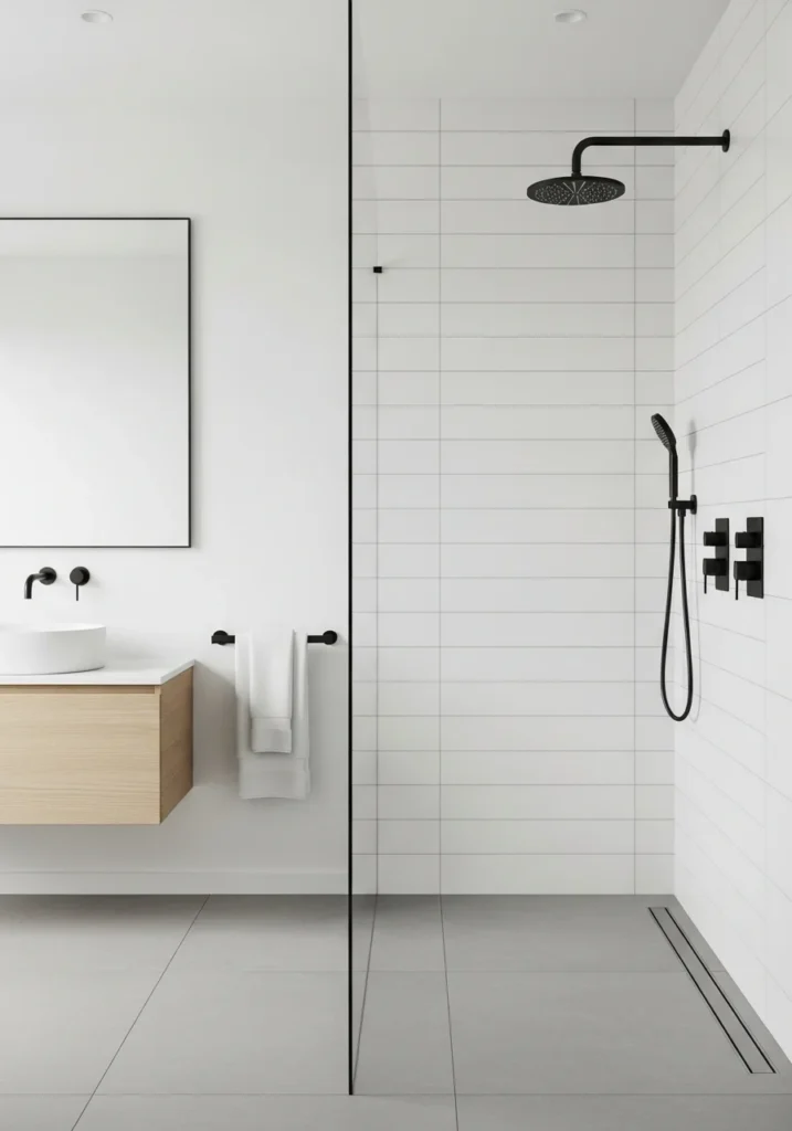 Black fixtures in shower creating a bold modern contrast with white tiles