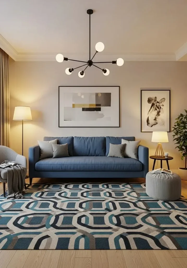 Blue couch living room with statement rug and modern geometric floor decor design