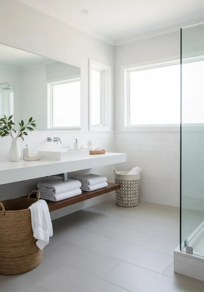 layered white textures in bathroom with tiles towels and baskets creating depth and warmth