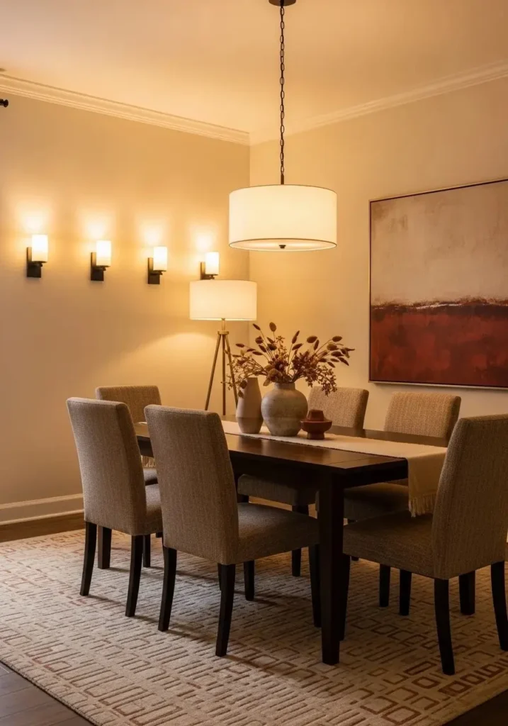 Dining room with layered lighting creating rich and designer atmosphere