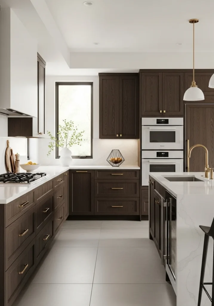 Modern kitchen featuring dark wood cabinets paired with white countertops, brass hardware, and soft lighting for a warm, elegant look.