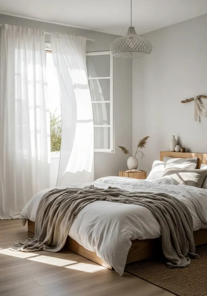 Beach bedroom with sheer curtains allowing soft natural light and airy feel.