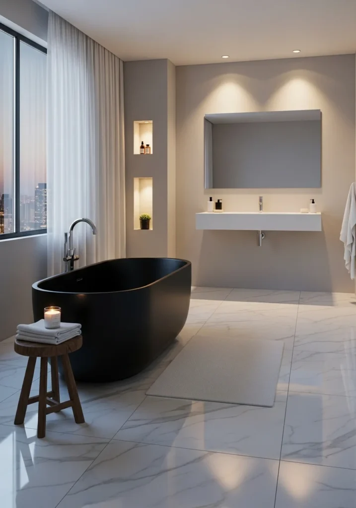 black freestanding bathtub as bold statement in white bathroom