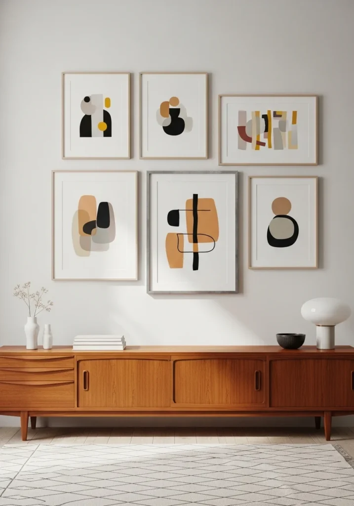 Simple wall decor with abstract art in a mid century modern living room