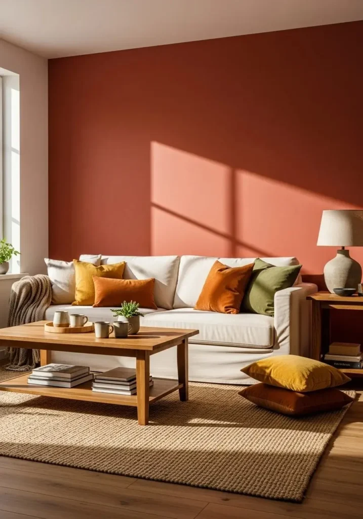 Living room with terracotta wall, cream furniture, and warm earthy décor.