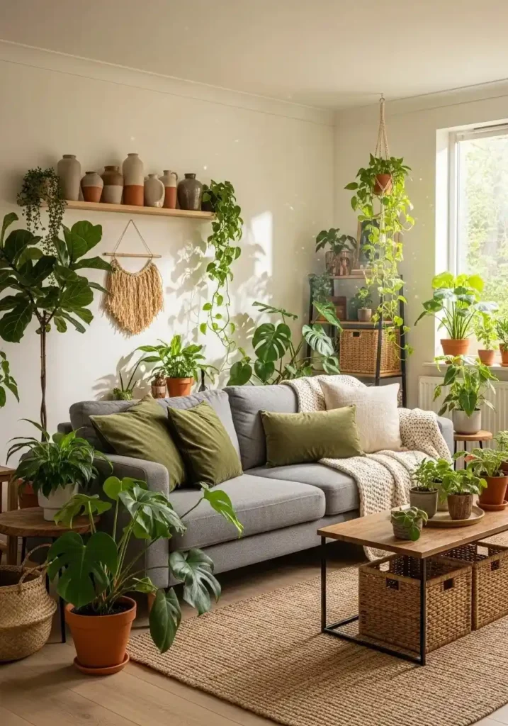 Grey couch with green plants and earthy decor for a fresh natural living room