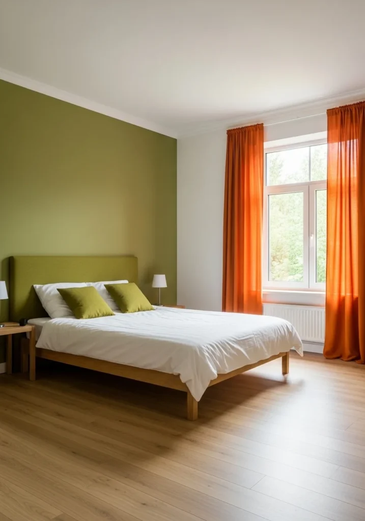 Bedroom with olive green accent wall and bright tangerine curtains, with sunlight creating a warm, cheerful atmosphere.