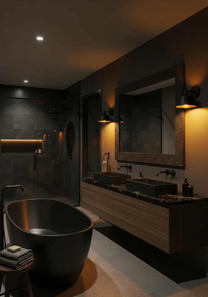 Black and gold lighting fixtures in bathroom