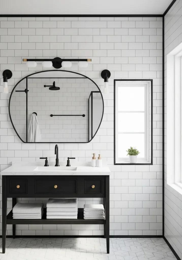White subway tiles with black grout creating a bold geometric bathroom look.