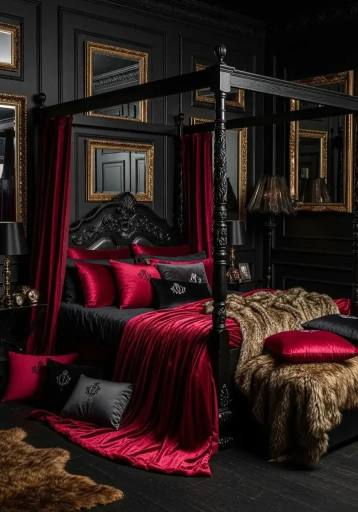 Dark vampire bedroom with black walls, deep red bedding, and moody romantic lighting.