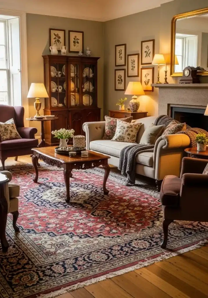 Persian rug grounding a vintage style living room