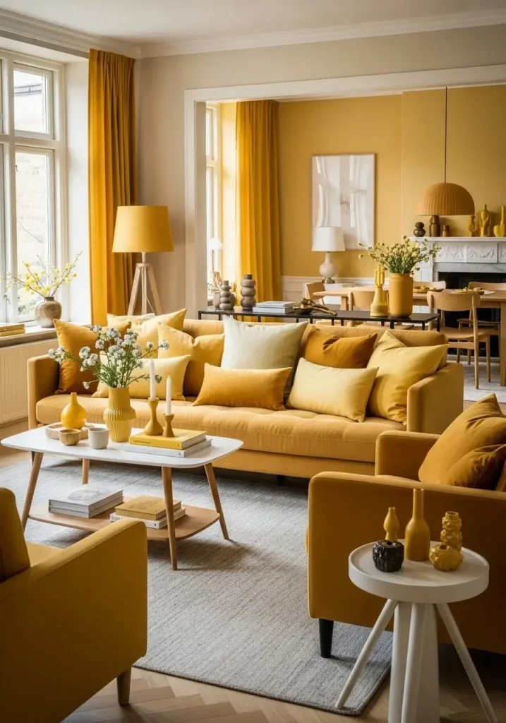 Monochrome yellow couch living room with layered yellow tones and modern cohesive interior styling