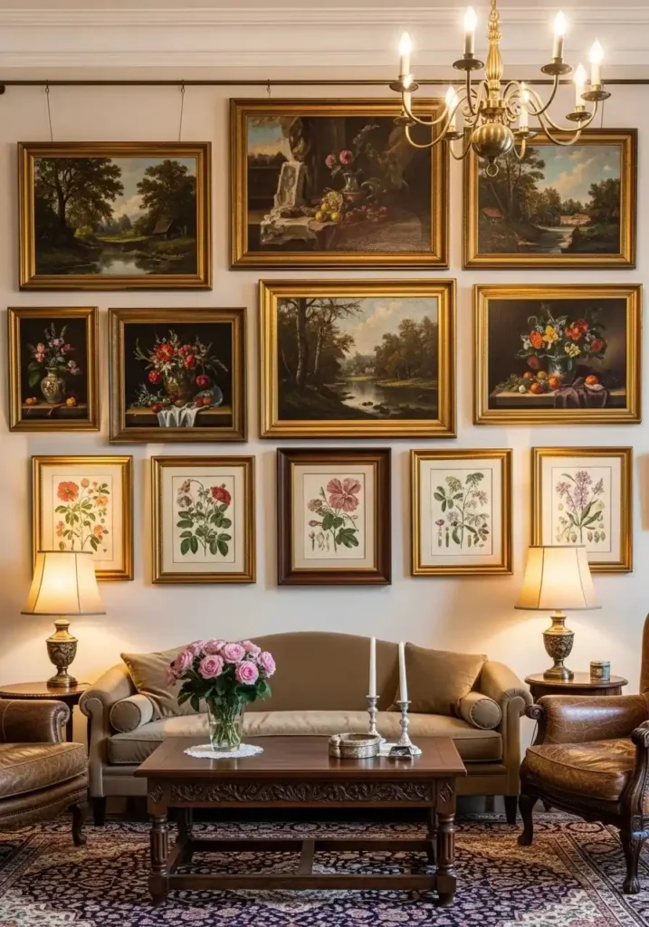 Antique wall art creating a timeless vintage living room look