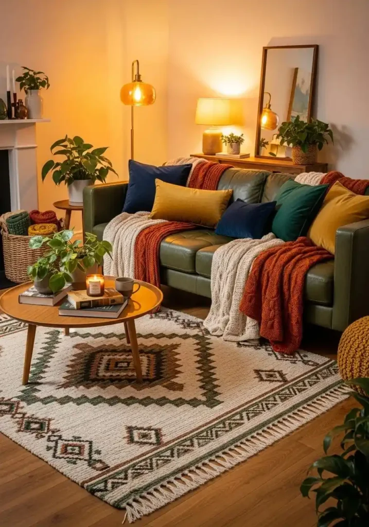 green leather couch with layered textures cozy modern living room