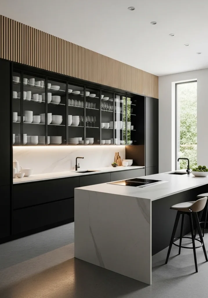 glass cabinets black wall wood slats kitchen display