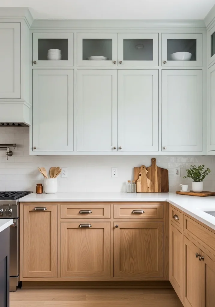White oak lower cabinets with painted upper cabinets in a modern kitchen design