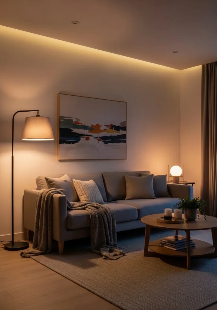 Grey couch living room with warm soft lighting and cozy evening atmosphere