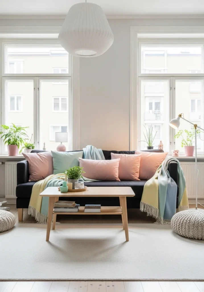 Black couch softened with pastel cushions creating a calm and cozy atmosphere