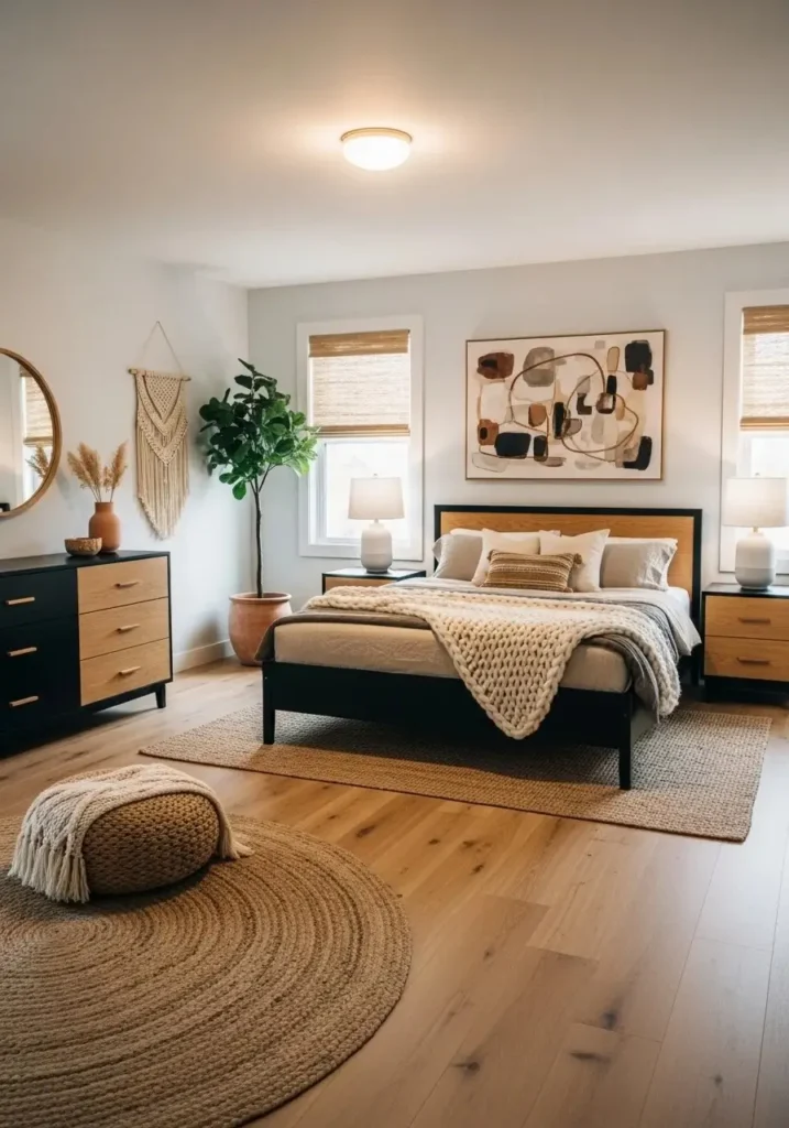 black furniture with wood accents cozy bedroom ideas natural design