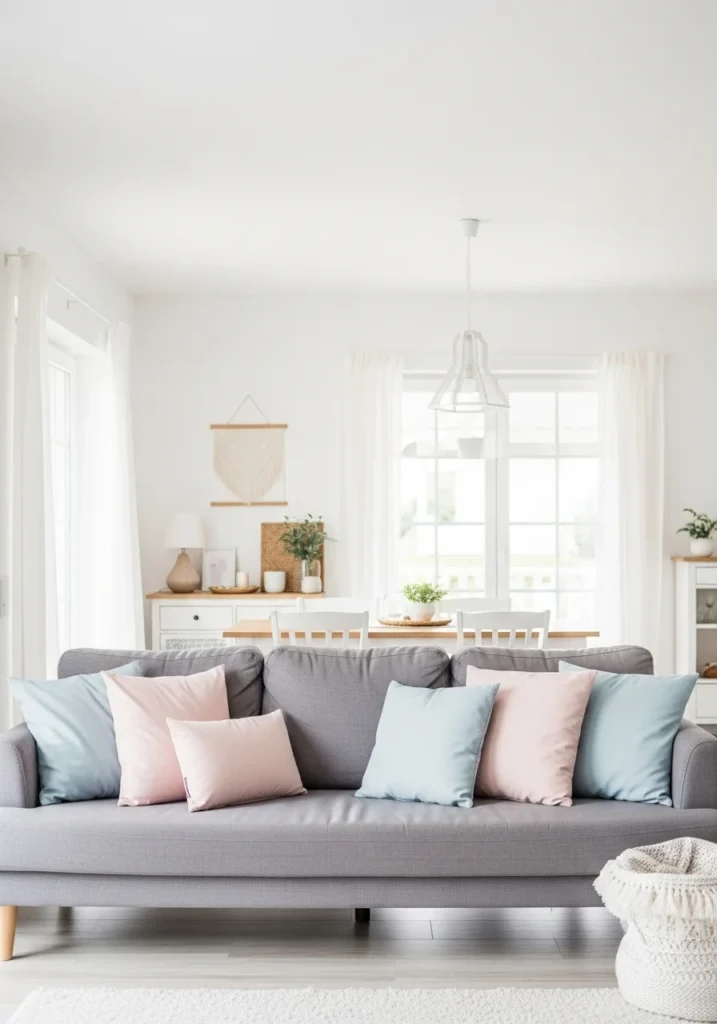 Grey couch with soft pastel pink and blue accents in a calming living room