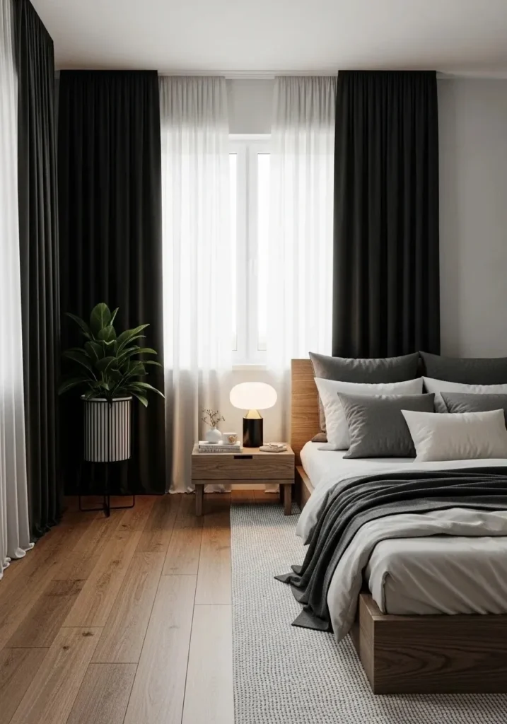 Black curtains with brown wooden floors creating balanced bedroom design