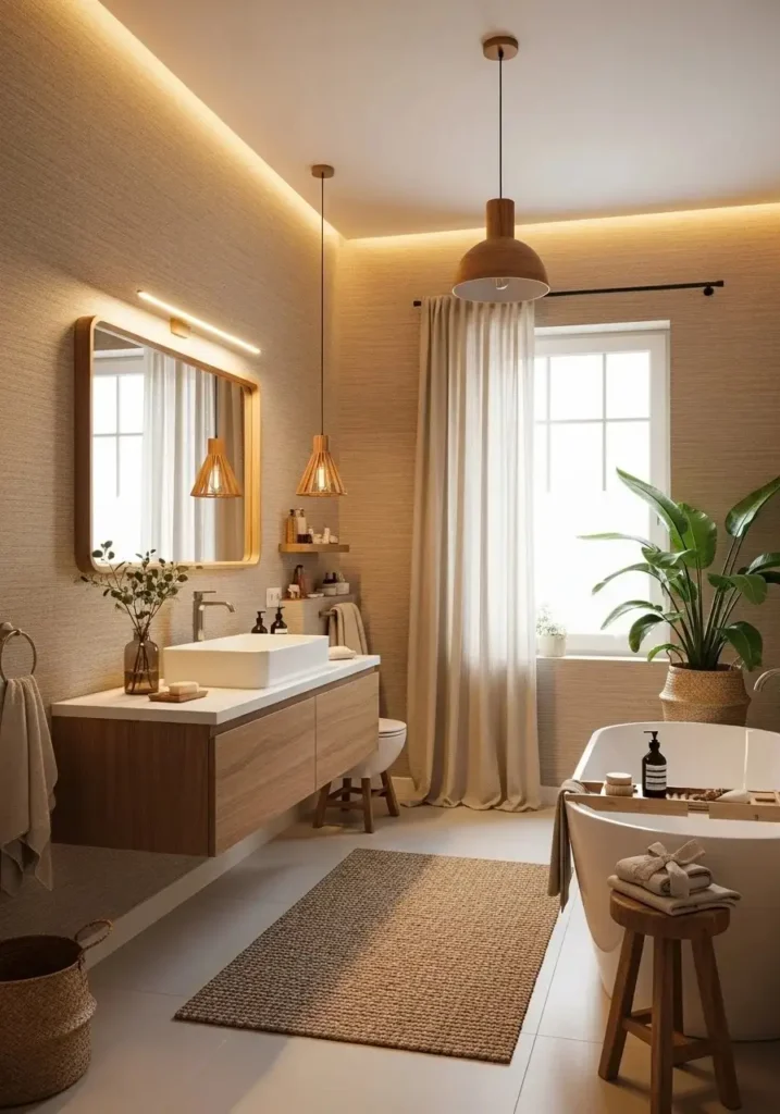 textured bathroom wallpaper adding subtle depth and warmth in neutral tones