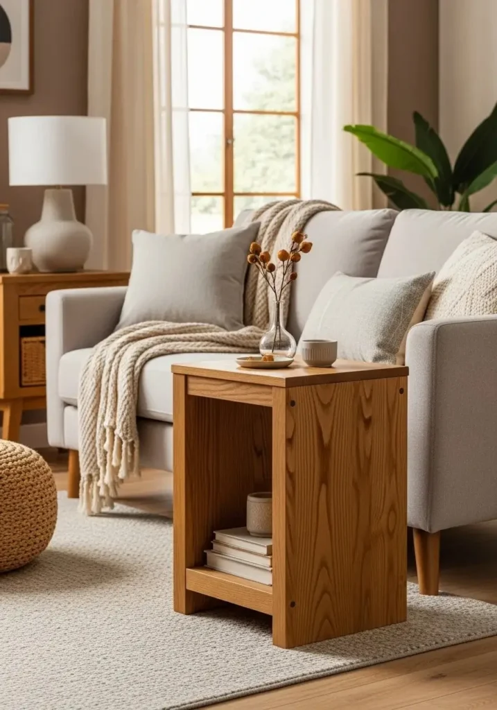 Warm wood side table adding natural texture to living room.