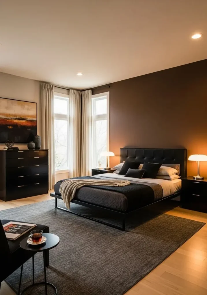 Brown accent wall paired with black furniture for a cozy modern bedroom