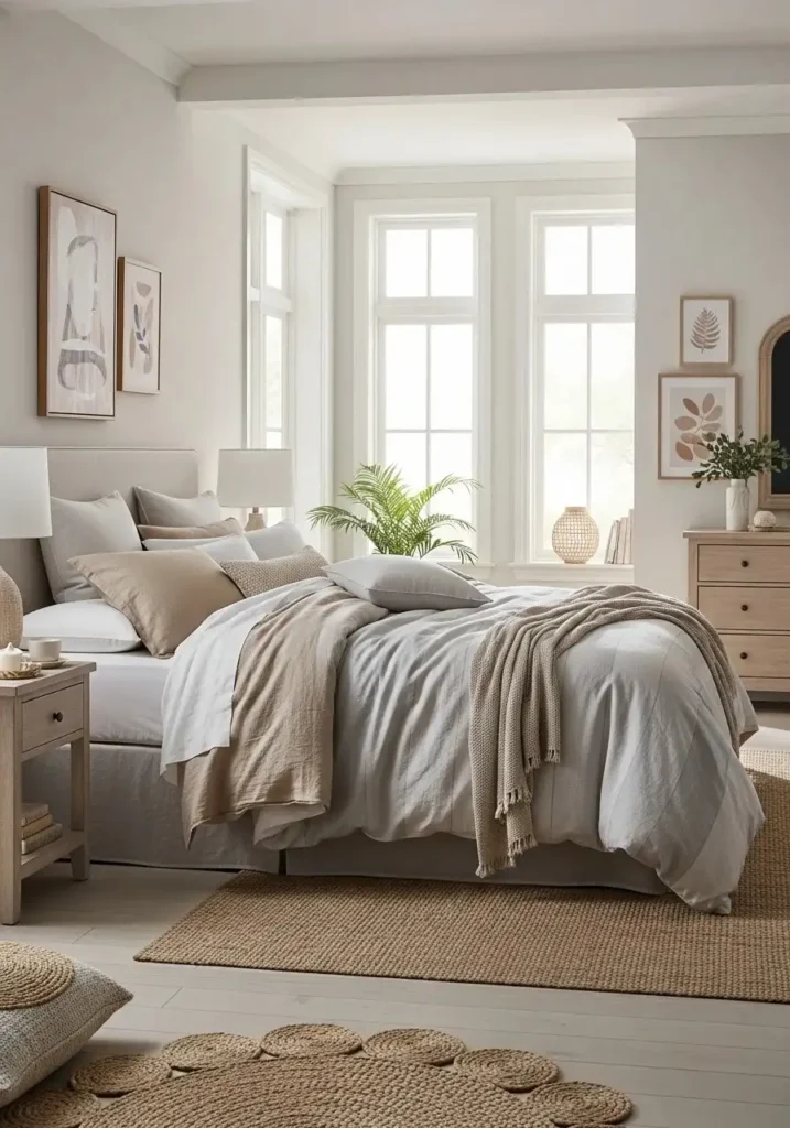Linen bedding in beach bedroom creating a soft and breezy look.