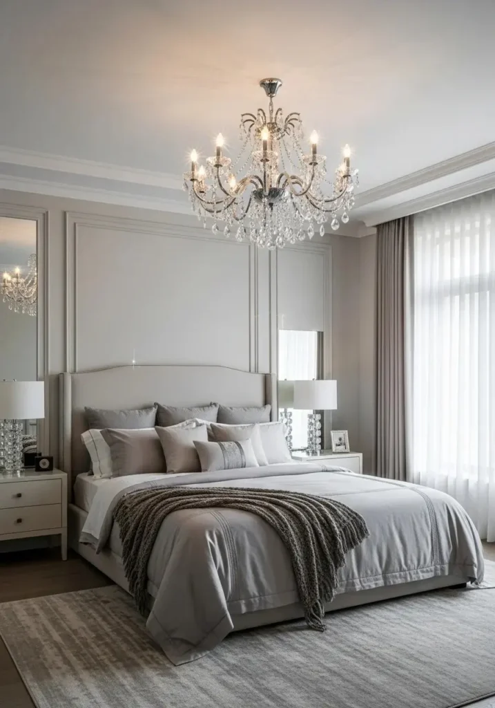 Crystal chandelier in bedroom adding timeless elegance and sparkle
