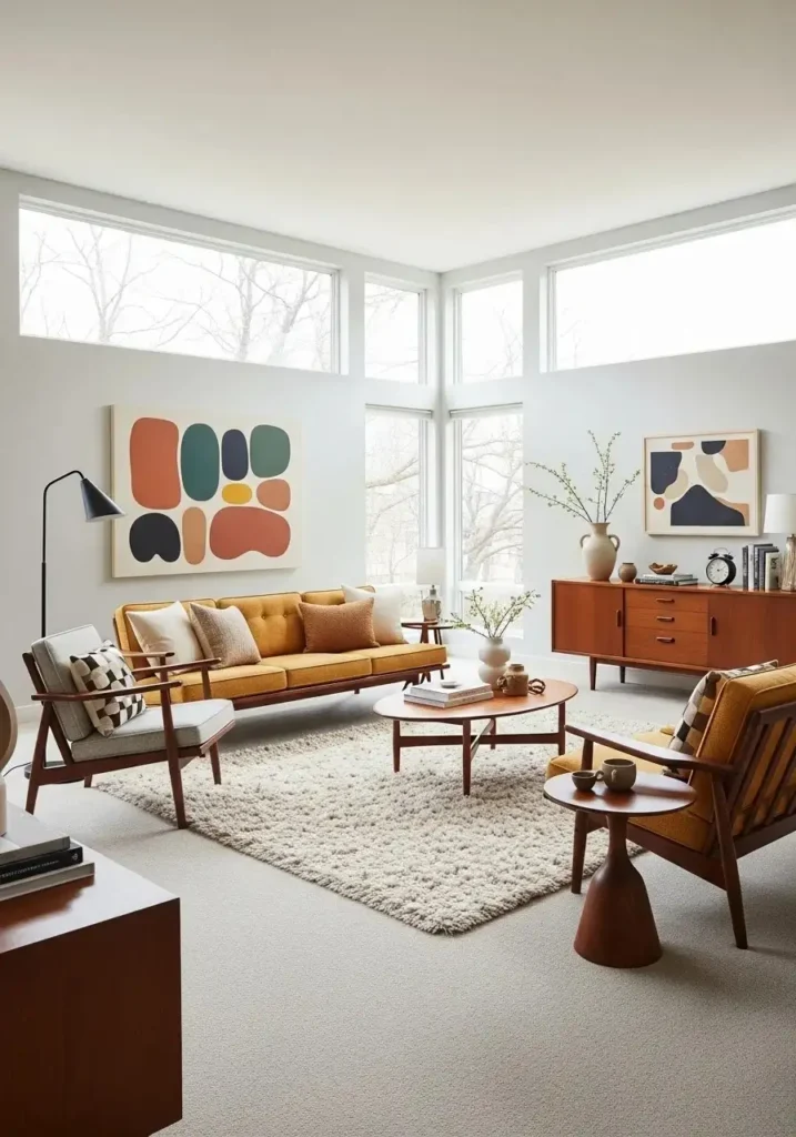 Open and functional layout in a mid century modern living room