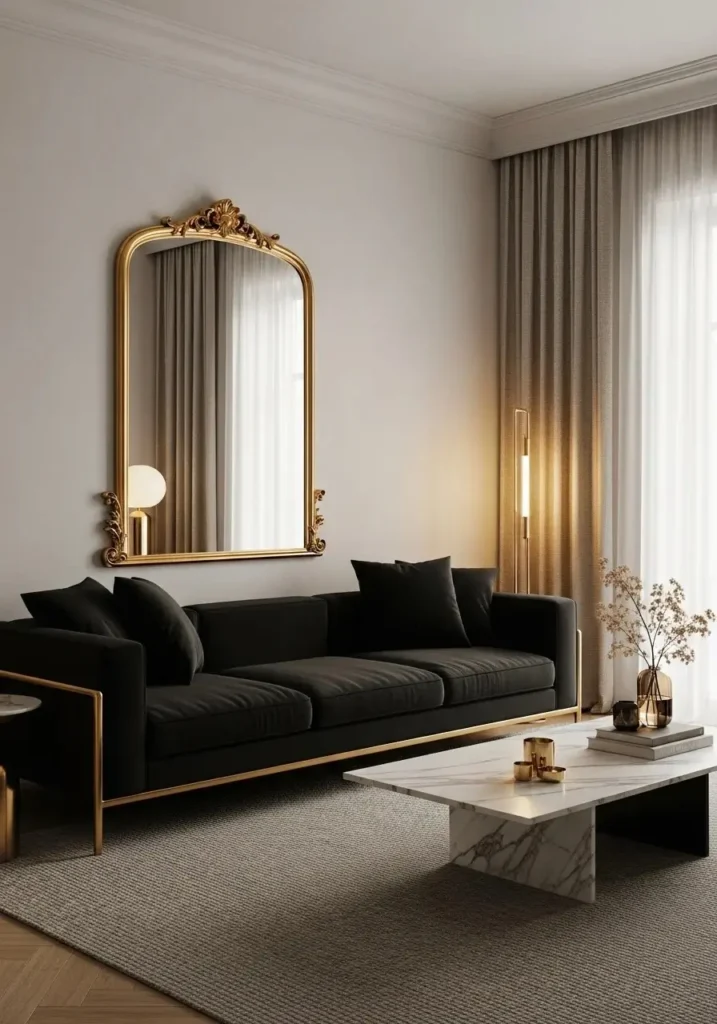 Black couch styled with gold accents for a warm and luxurious living room look