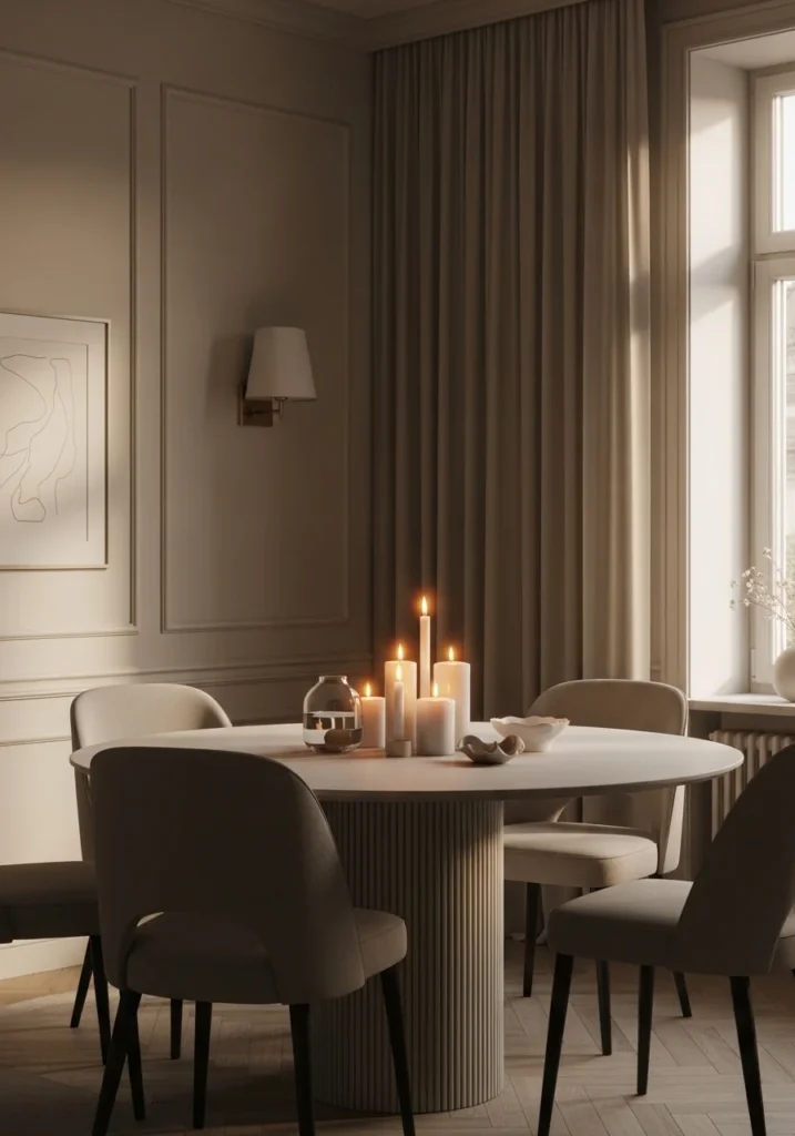 Round dining table with soft candle cluster creating a warm and cozy dining atmosphere