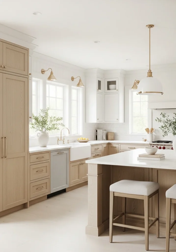 Light and natural color palette in a white oak kitchen design