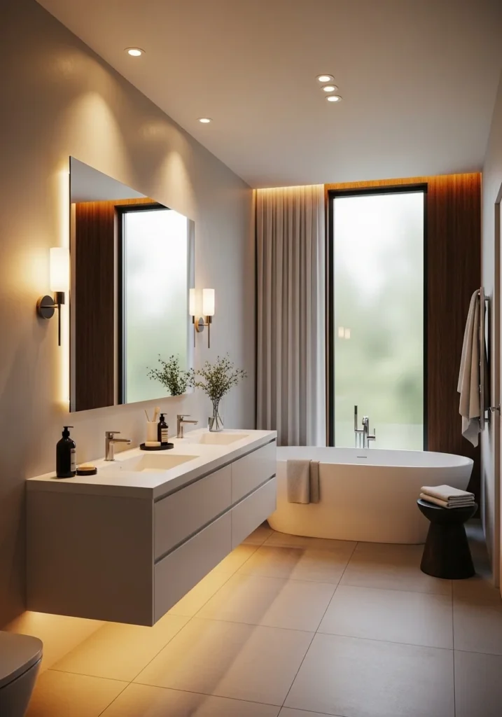 primary bathroom ideas warm lighting cozy modern