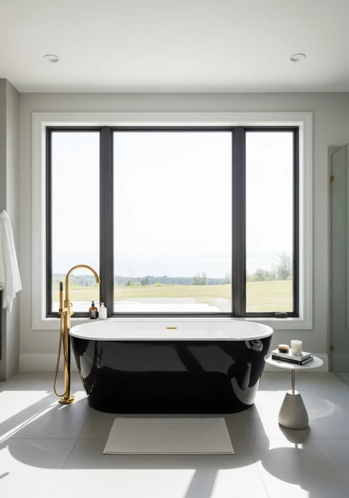 Black freestanding tub with gold faucet