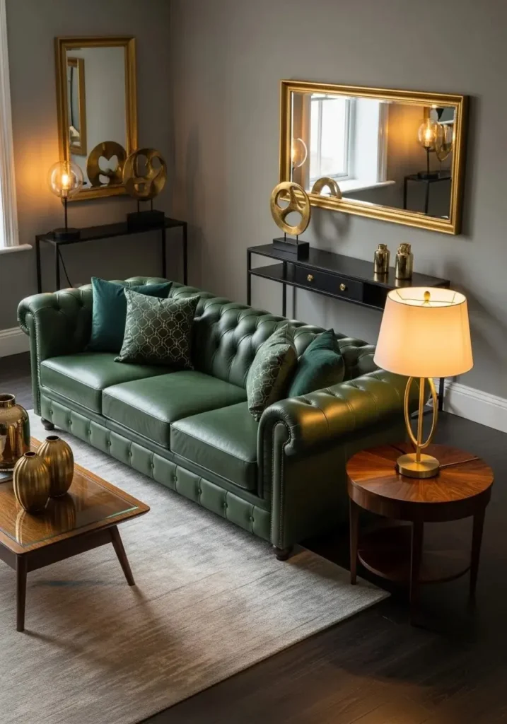 green leather couch with gold accents and elegant luxury decor