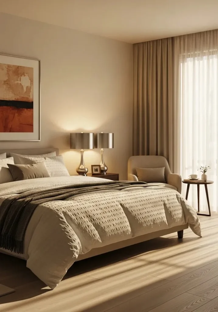 Soft lighting with silver accents creating a calm and cozy bedroom vibe