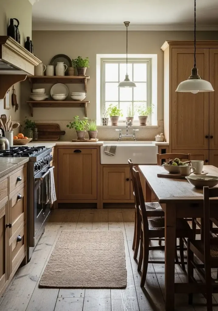 Rustic kitchen with natural wood cabinets and stone countertops, creating a warm, timeless, and inviting environment.