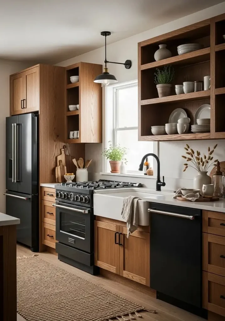 kitchen with black appliances and warm wood tones cozy design