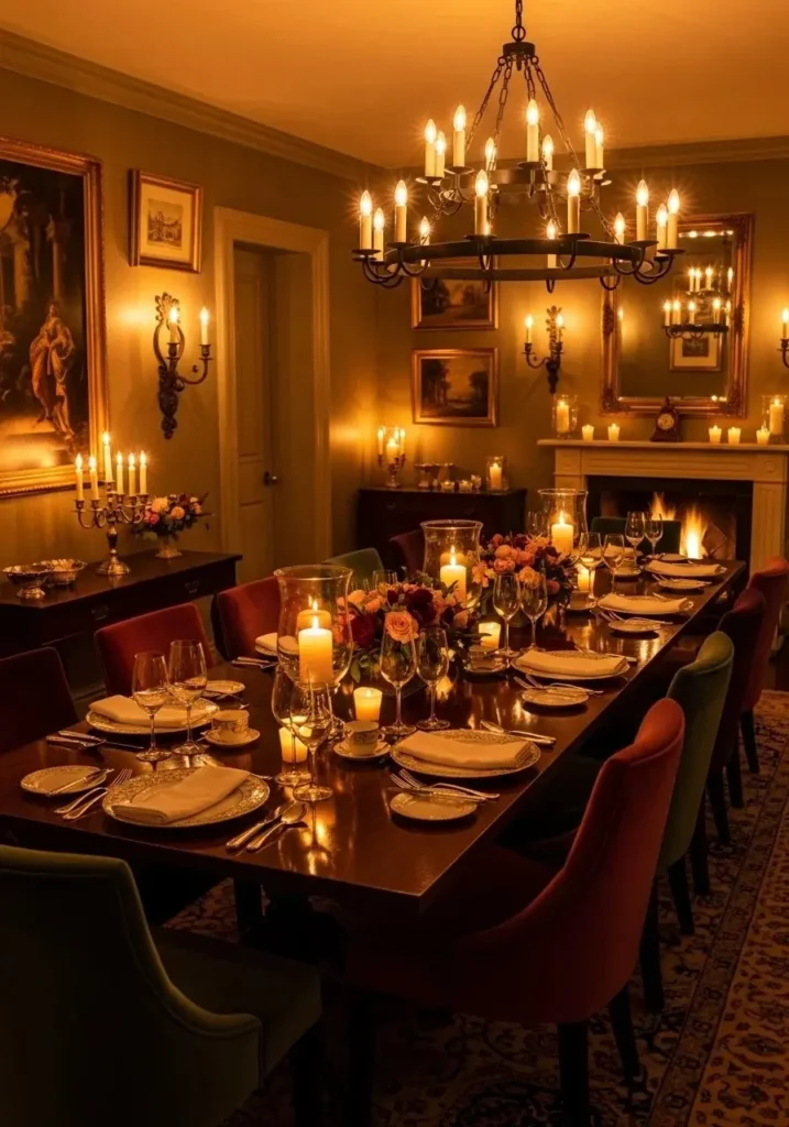 Dining room with candle inspired lighting creating cozy intimate atmosphere
