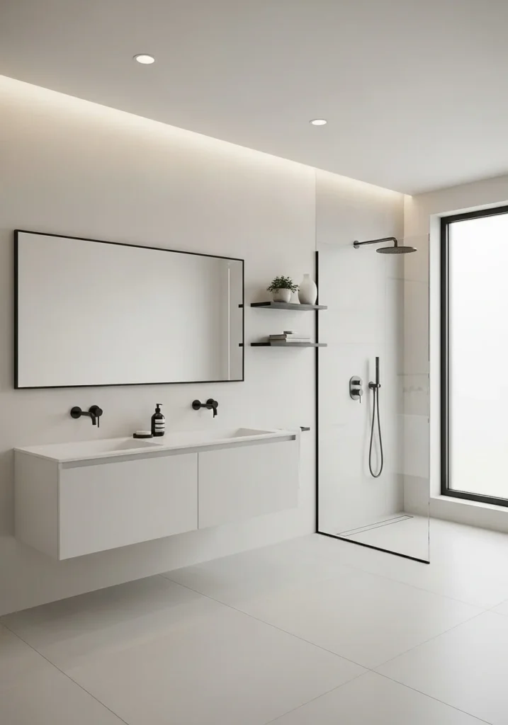 Neutral bathroom with black accents and modern styling