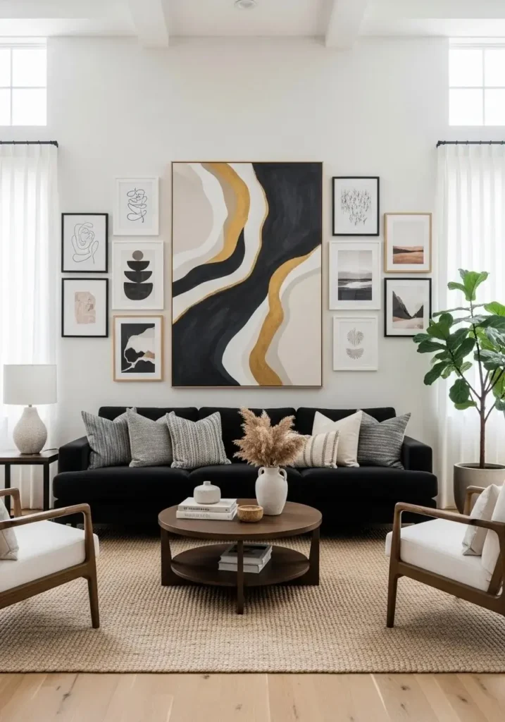 Black couch with statement wall art creating a stylish focal point