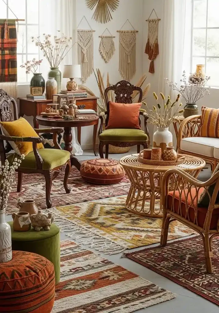 Vintage and thrifted furniture adds charm and character to a boho living room