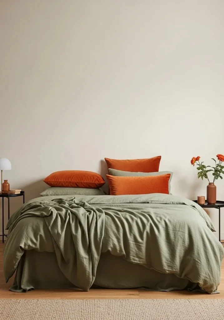 Bedroom featuring green bedding and burnt orange throw pillows against cream walls, layered with soft textures.