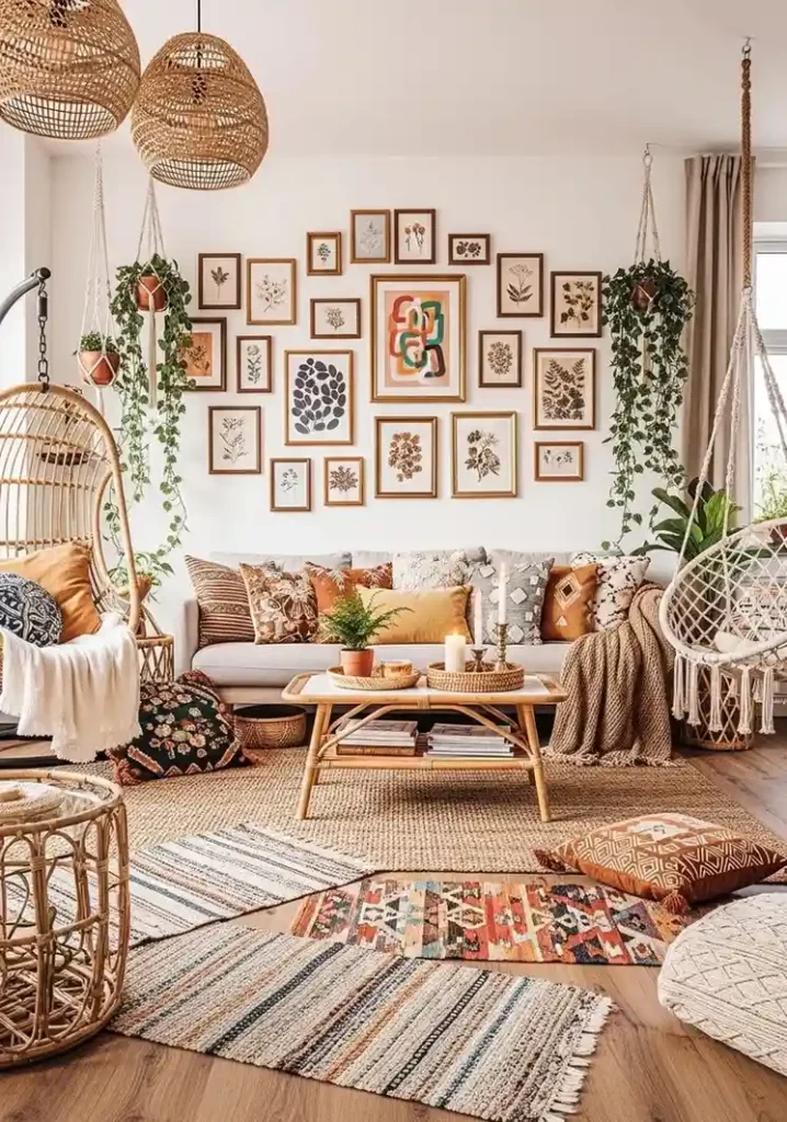 Gallery wall of eclectic artwork adds color and personality to a boho living room