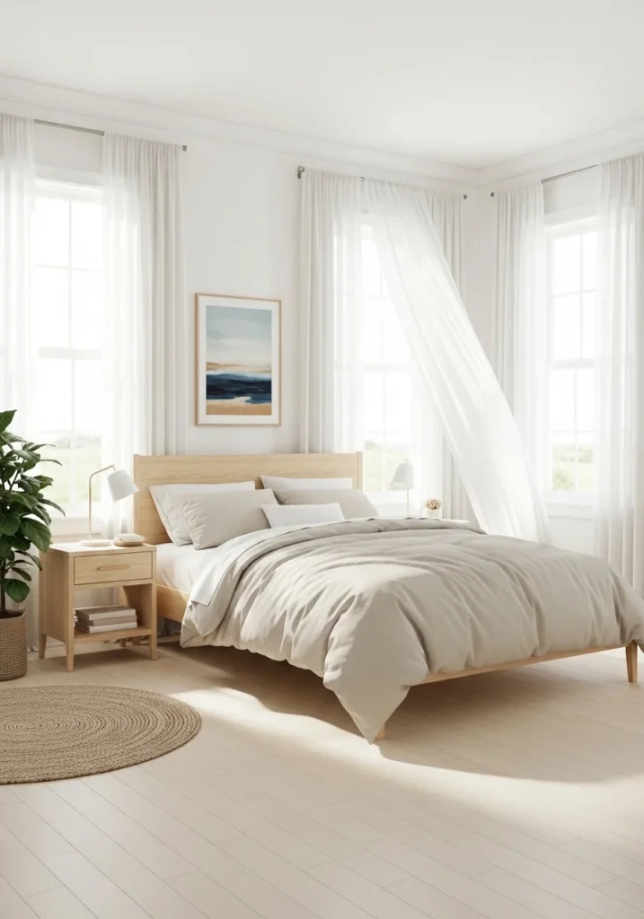 Beach bedroom with white and beige tones creating a calm and airy coastal look.