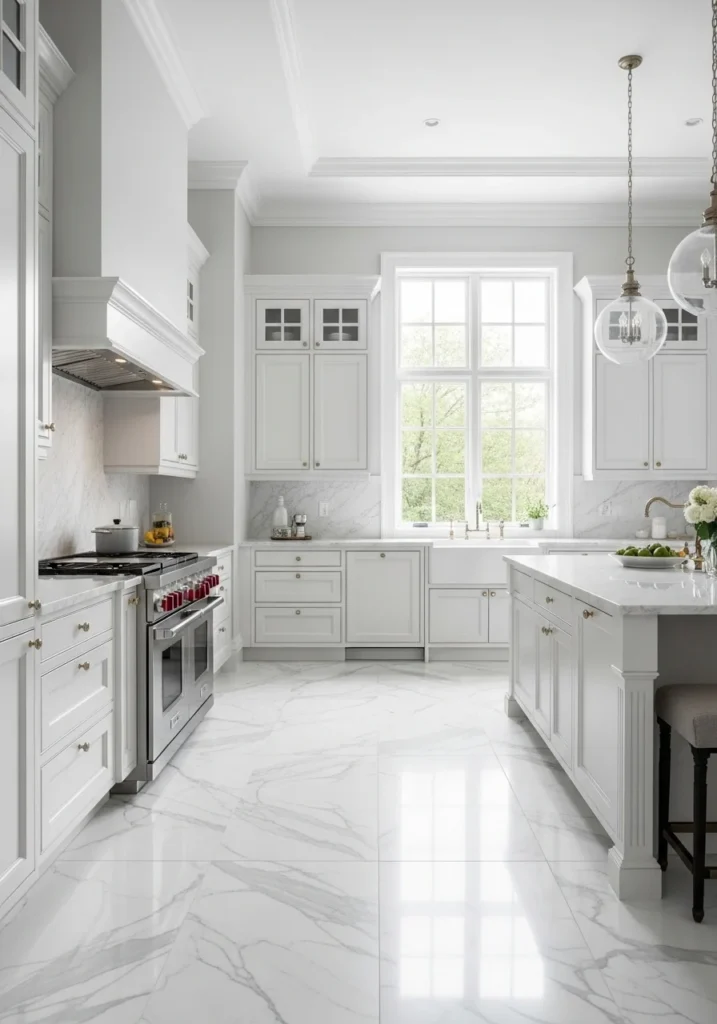 Modern kitchen with white marble tile floor creating a bright and elegant timeless look